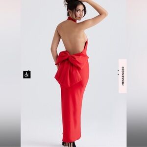 House of CB Ilaria Satin Red Halter Dress with Bow